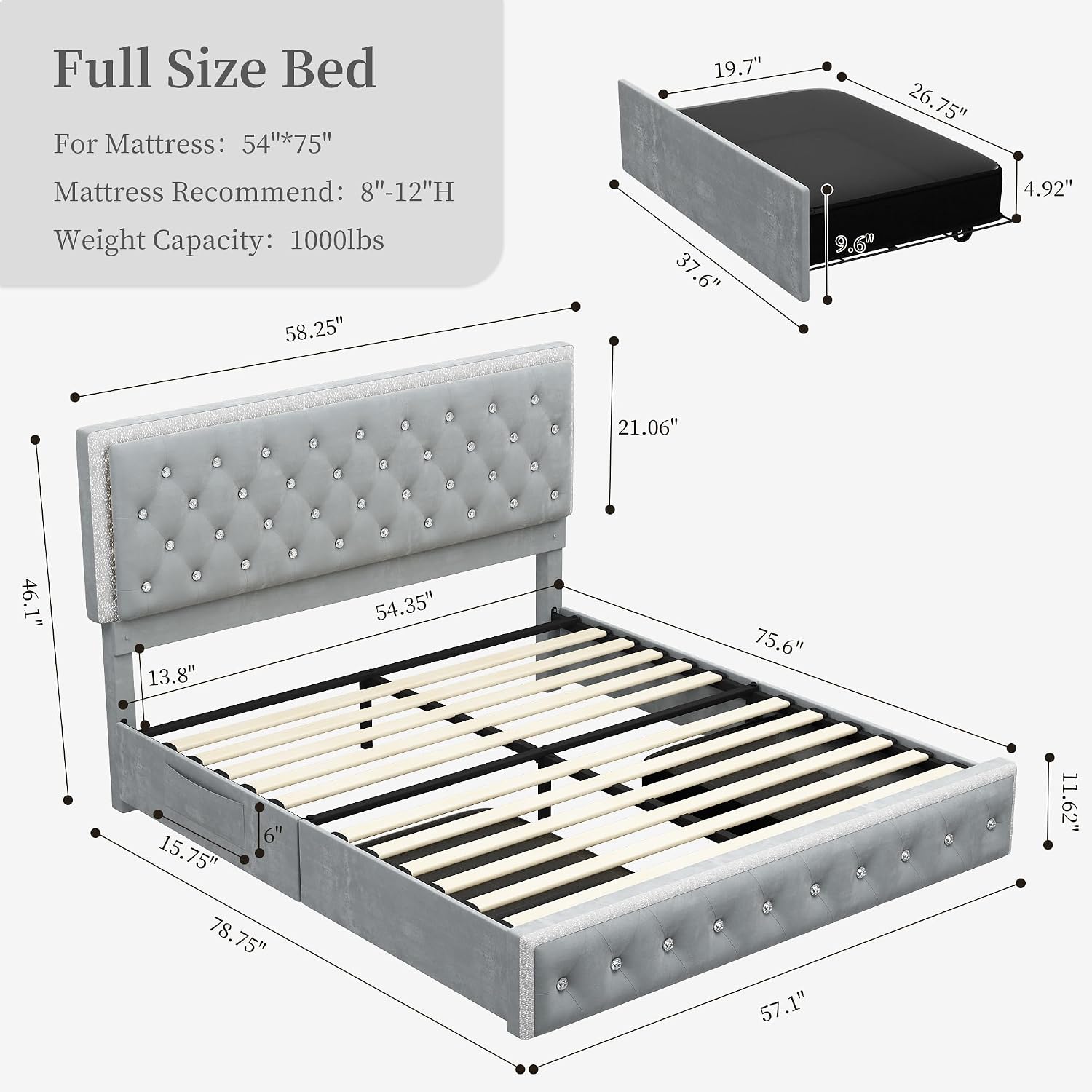 SIBEDS Full Led Bed Frame with 2 Drawers, Upholstered Platform Storage Bed Frames Full Size with Crystal Button Tufted Headboard Footboard, Solid Slats, Noise Free, No Box Spring Needed, Velvet Grey