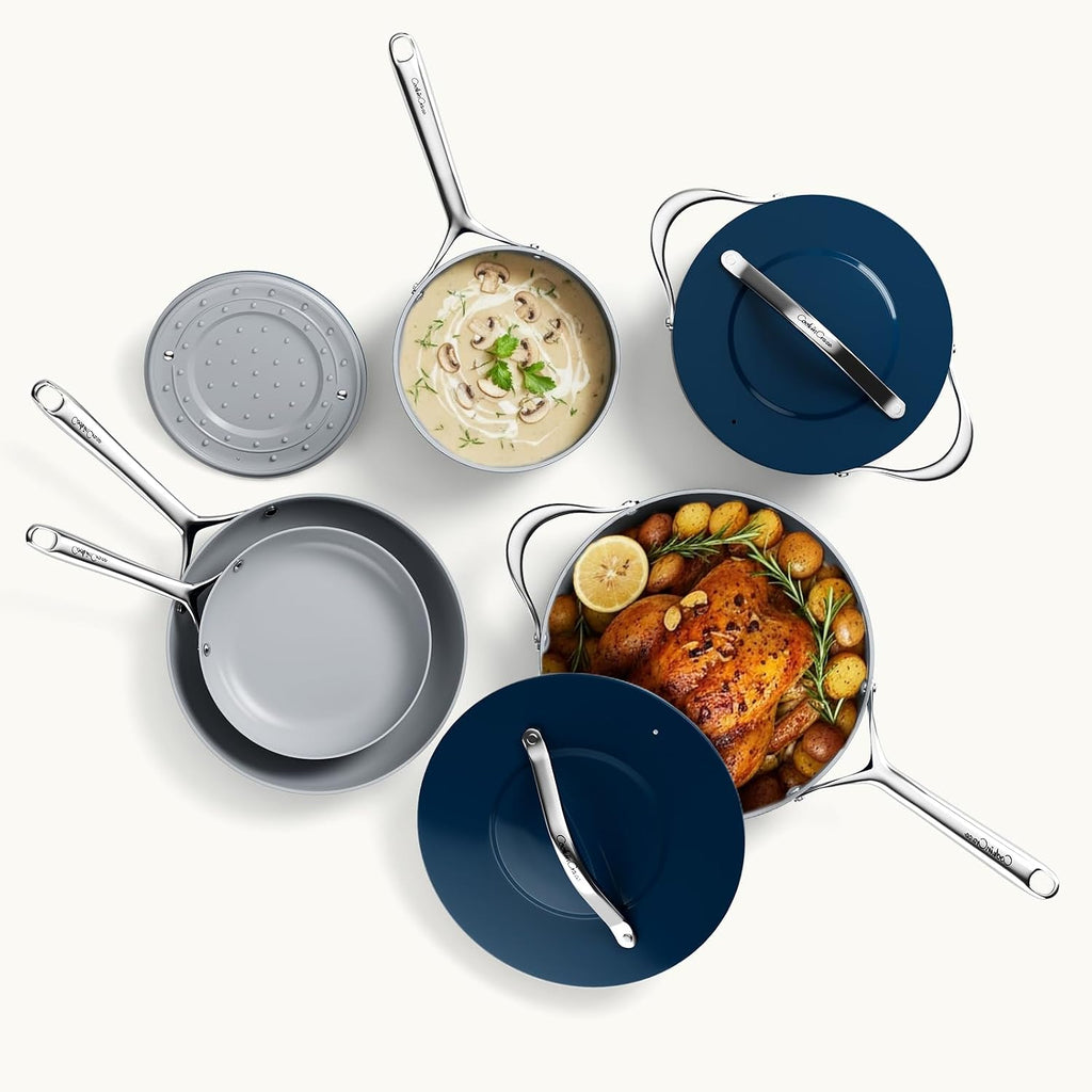 CookinCraze Ceramic Cookware Set 8 Pieces Nonstick Pots and Pans Set with Lid PFAS-Free Non Toxic Cookware, Induction Compatible, Oven Safe, Quick & Even Heat Distribution, Navy Blue