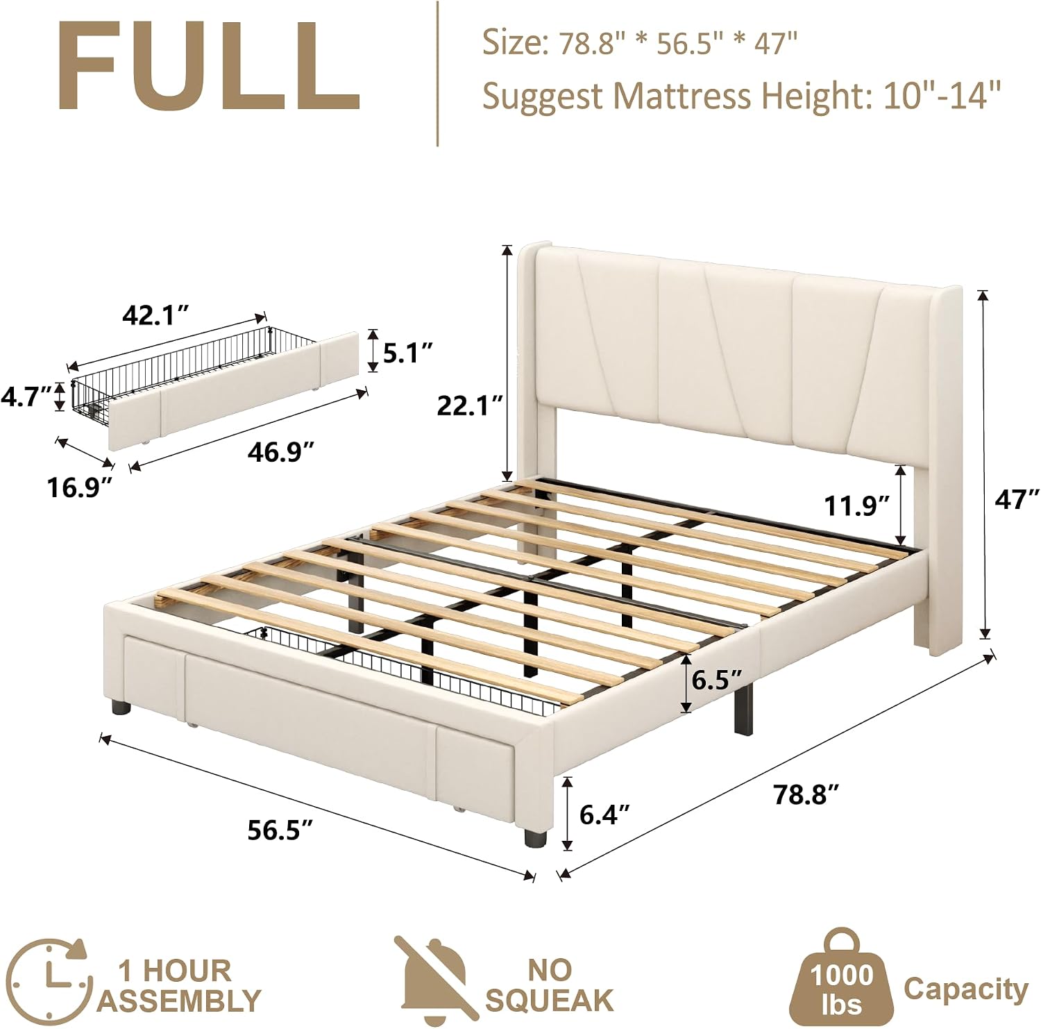 Full Bed Frame with Storage Drawers, Velvet Upholstered Platform Bed with 47' Tall Headboard and Wingboard, No Box Spring Needed, Noise Free, Easy Assembly, Wooden Support Slats, Beige