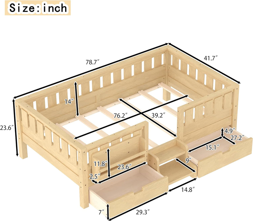 Bellemave Twin Floor Bed with Stairs, Rails and Slats, Twin Size Montessori Floor Bed with Bookshelf and 2 Storage Drawers, Easy Assemble Montessori Beds Frame for Girls, Boys, Light Natural