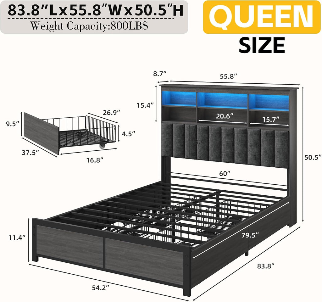 Lifezone Full Bed Frame with Headboard, Full Bed Frame with High Storage Bookcase Headboard,4 Storage Drawers & Charging Station & LED,No Box Spring Needed/Noise Free/All-Metal Support,Rustic Grey