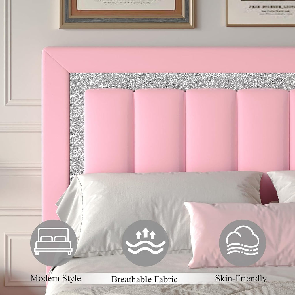 HOMBCK King Size Bed Frame, Velvet Upholstered Bed with Diamond Headboard, Modern Bed King Szie with Wooden Slats Support, No Box Spring Needed, Easy Assembly, Pink