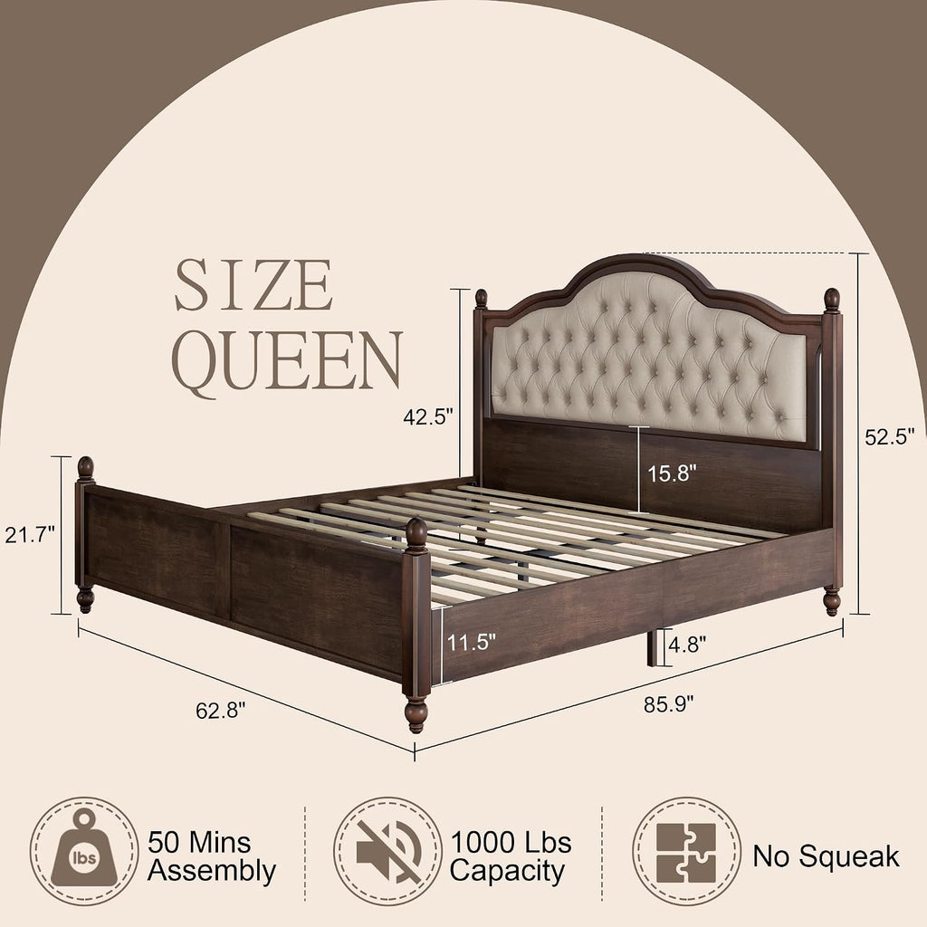 AMERLIFE Solid Wood Bed Frame Queen Size, Transitional Platform Bed with 52.5' Upholstered Tufted Headboard, Rubberwood/Roman Column Accents/Wood Slat Support/No Box Spring Needed
