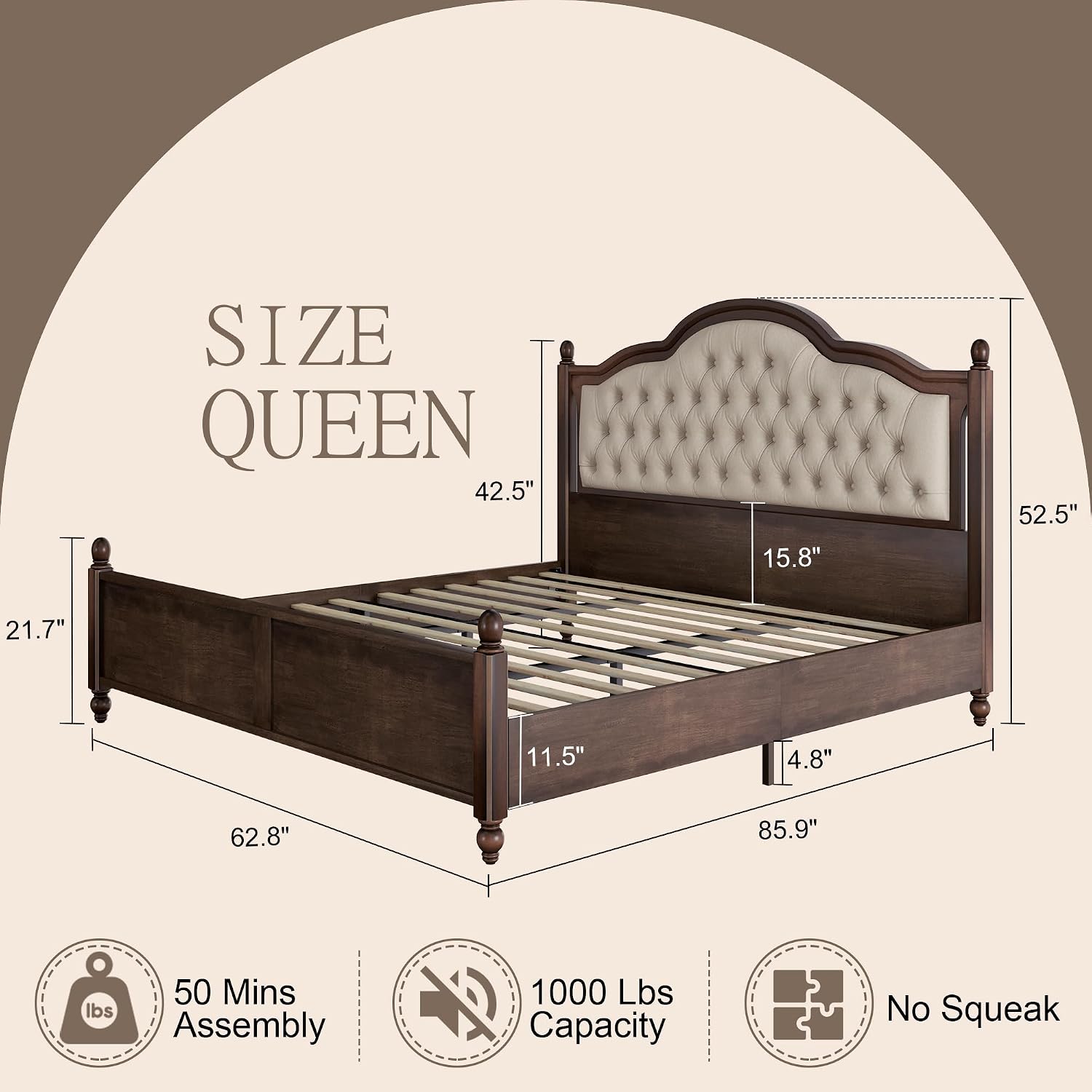 AMERLIFE Solid Wood Bed Frame Queen Size, Transitional Platform Bed with 52.5' Upholstered Tufted Headboard, Rubberwood/Roman Column Accents/Wood Slat Support/No Box Spring Needed