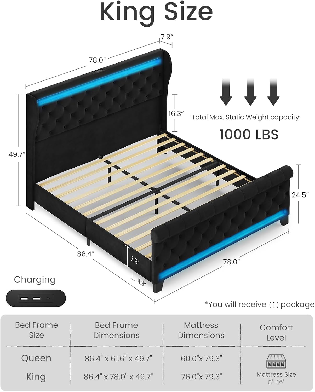 Belffin King Size Bed Frame with Headboard,50' Tall Headboard Upholstered Velvet Platform Bed with LED Lights & 2 USB Port/1 Type C Port, Button Tufted, No Box Spring Needed,Noise Free,Black