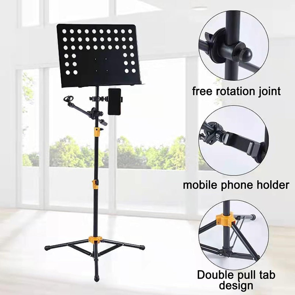 Sheet Music Stand Portable, Music Book Holder with Phone Holder & Microphone Stand, Foldable Tripod, Foldable and Height-Adjustable, for Instrumental Performance & Band & Travel