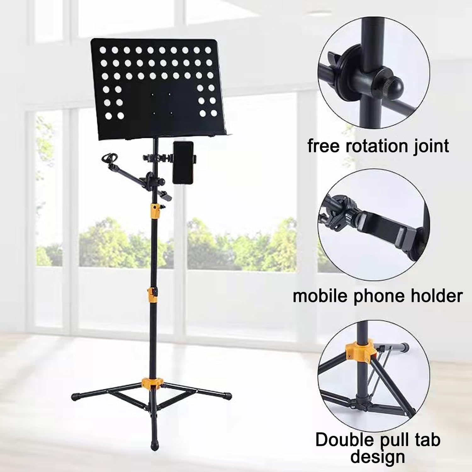 Sheet Music Stand Portable, Music Book Holder with Phone Holder & Microphone Stand, Foldable Tripod, Foldable and Height-Adjustable, for Instrumental Performance & Band & Travel