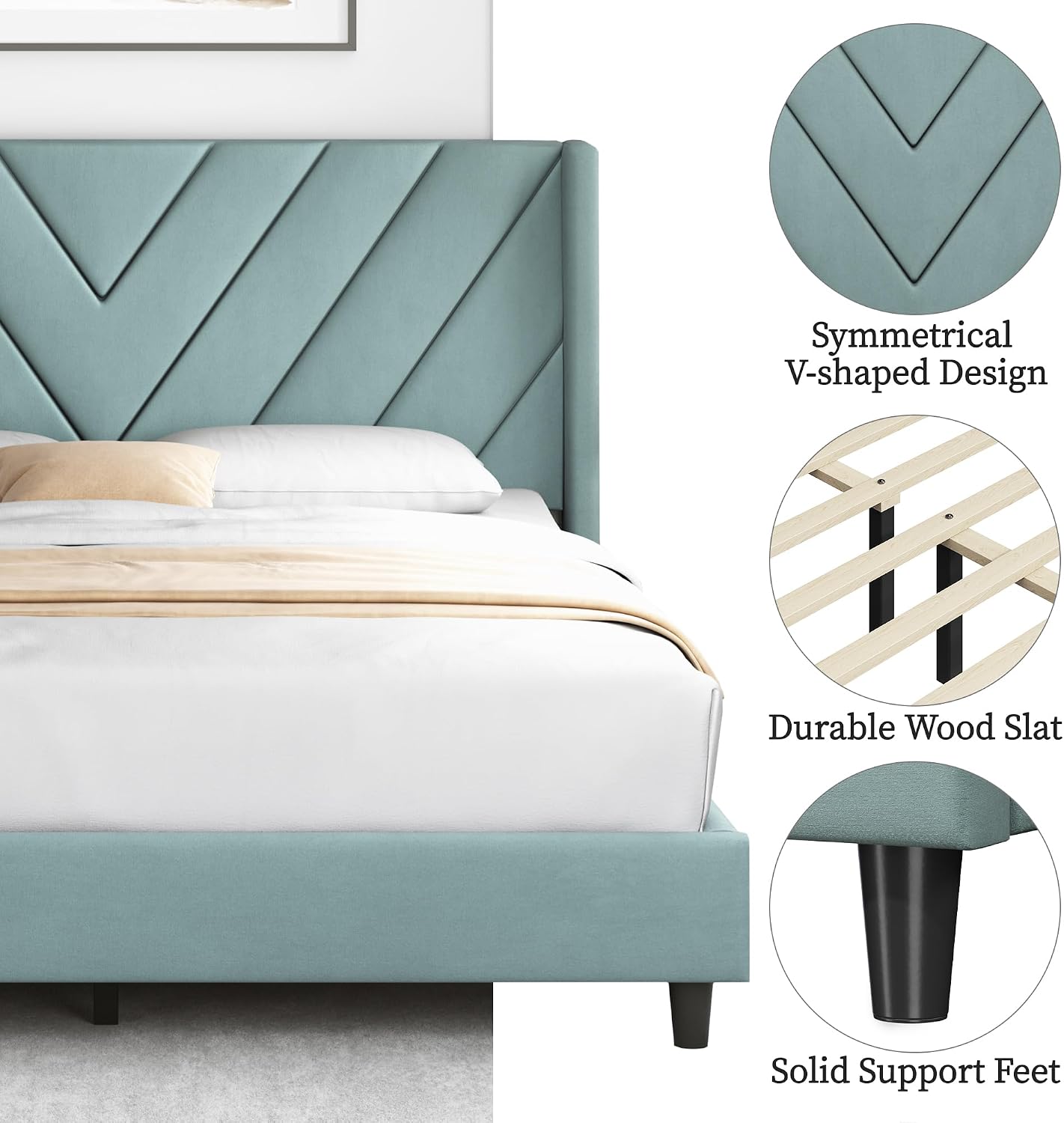 Yaheetech Queen Bed Frame Upholstered Platform Bed/Wooden Slat Support/Tufted Headboard with Wing Side/Mattress Foundation/No Box Spring Needed,Blue Lake Queen