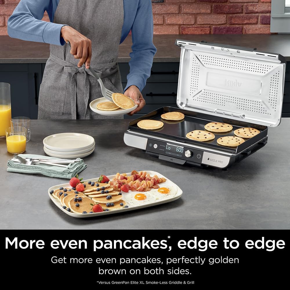 Ninja Sizzle Pro XL 20-Inch Indoor Griddle + Grill, Detachable Ventilated Lid, Grease Control, Ceramic Nonstick Plates, Even Edge-to-Edge Cooking, XL Capacity, Versatile, Silver GX101 (Renewed)