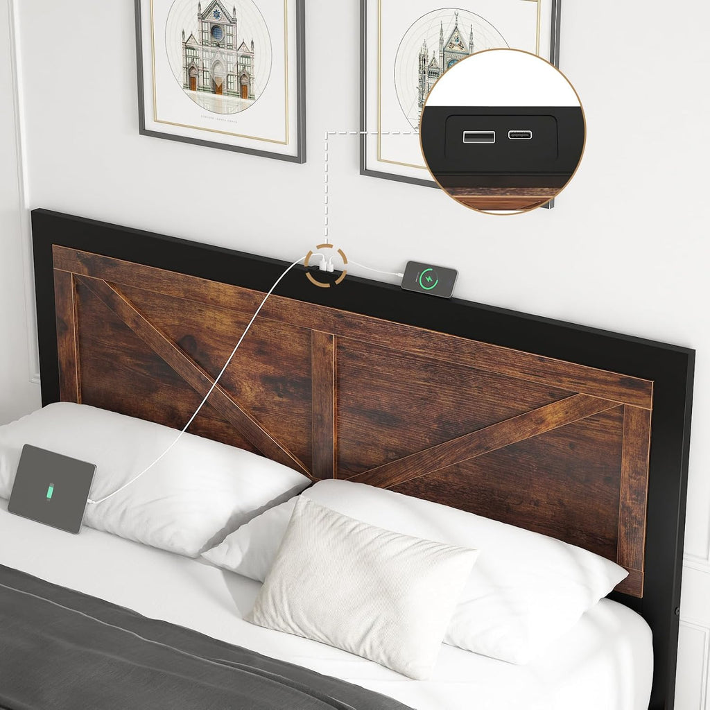 DOGIBIXO Led Bed Frame Queen Size with USB Charging Station, Industrial Platform Bed Frame with Farmhouse Barn Door Headboard, Strong Metal Slats Support, Noise Free, No Box Spring Needed, Brown