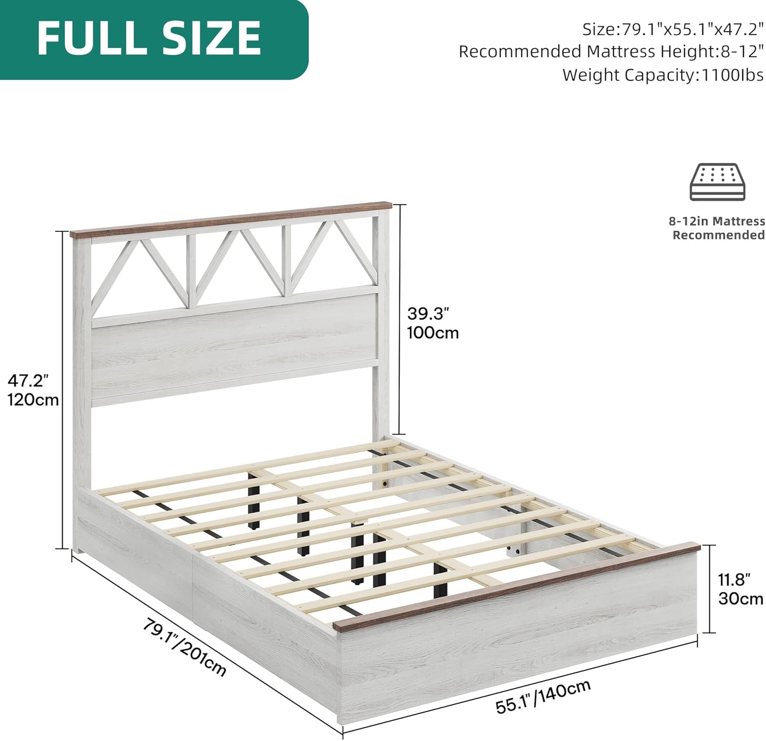 YITAHOME Farmhouse Full Size Bed Frame with 47.2'' Headboard, Platform Rustic Wood Bed Frame with Slats, Sturdy and Noiseless, No Spring Needed, White