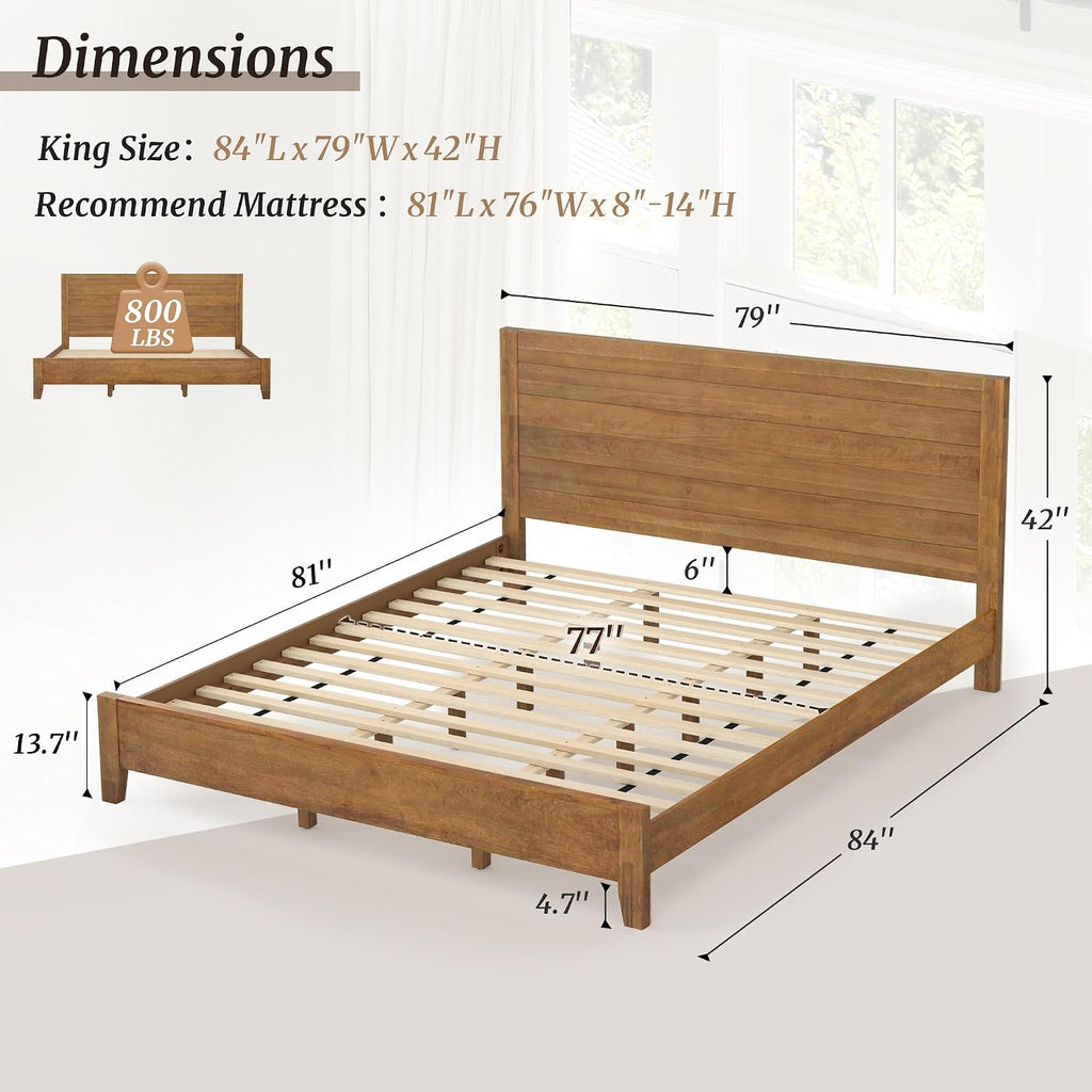 Cozyman King Bed Frame and Headboard, 100% Solid Acacia Wood Platform, 800lb Heavy Duty Support with 10 Reinforced Legs, Noise-Free No Box Spring Needed, Low-Profile Design, Dark Wood