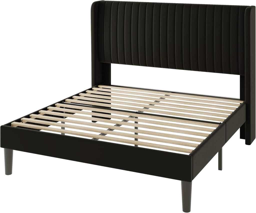 Allewie Full Size Velvet Bed Frame/Vertical Channel Tufted Wingback Headboard/Upholstered Platform Bed/Strong Wooden Slats/No Box Spring Needed/Easy Assembly/Black