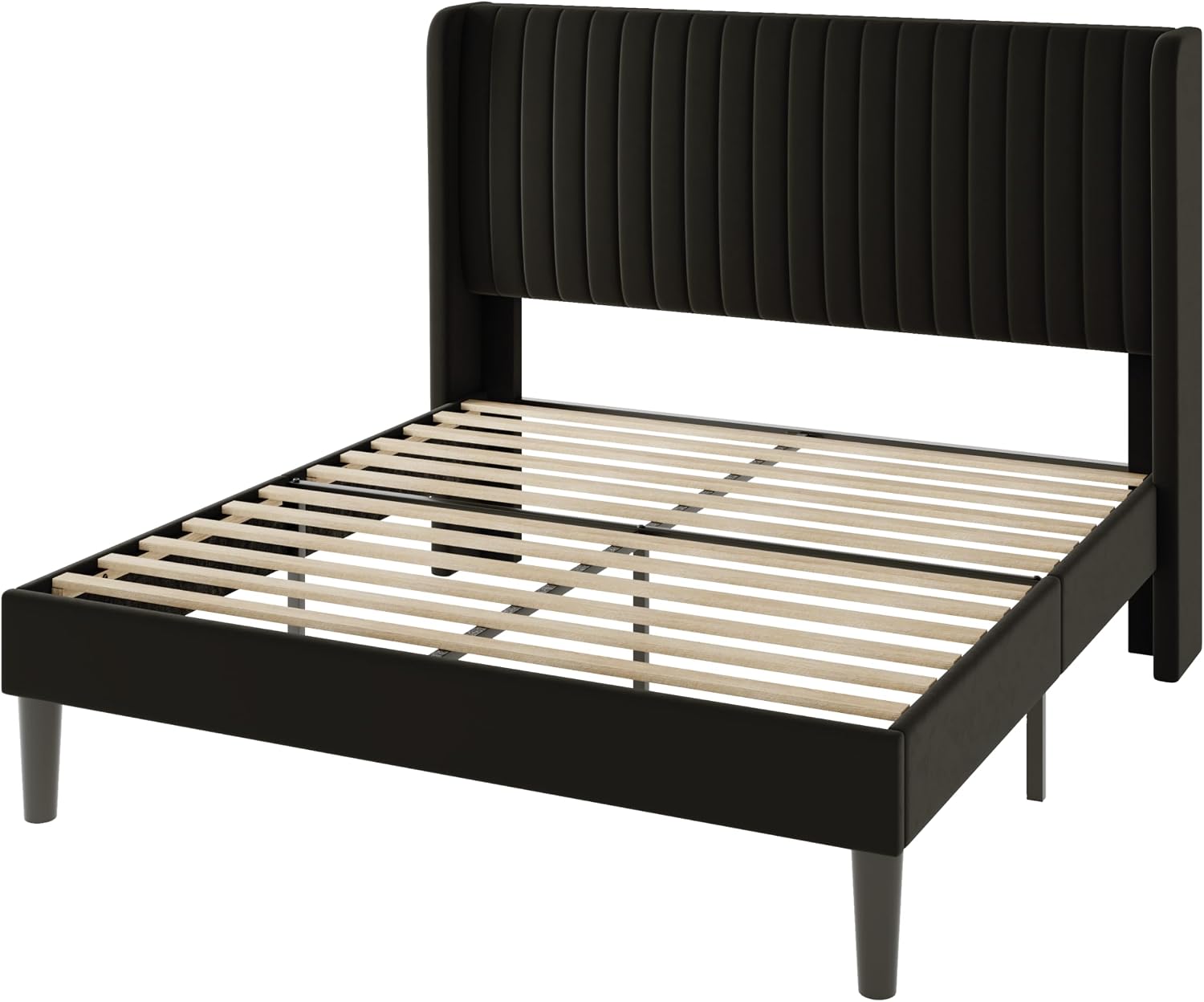 Allewie Queen Size Velvet Bed Frame/Vertical Channel Tufted Wingback Headboard/Upholstered Platform Bed/Strong Wooden Slats/No Box Spring Needed/Easy Assembly/Black