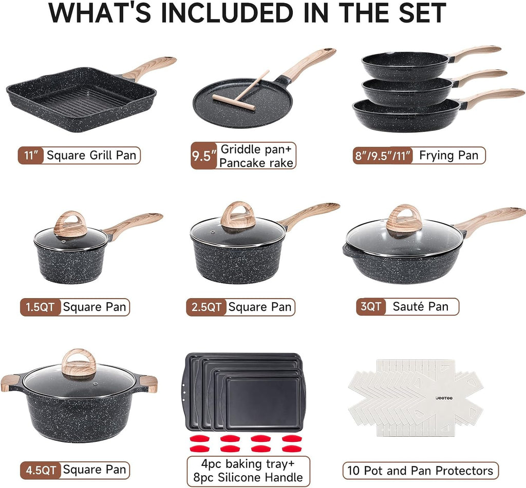 JEETEE 36Pcs Pots and Pans Set Non Stick, Cookware Set Non toxic Kitchen Healthy Induction Cooking Set W/Griddle, Sauté Pan, Baking Trays & Pancake Rake (PFOA, PFAS Free)