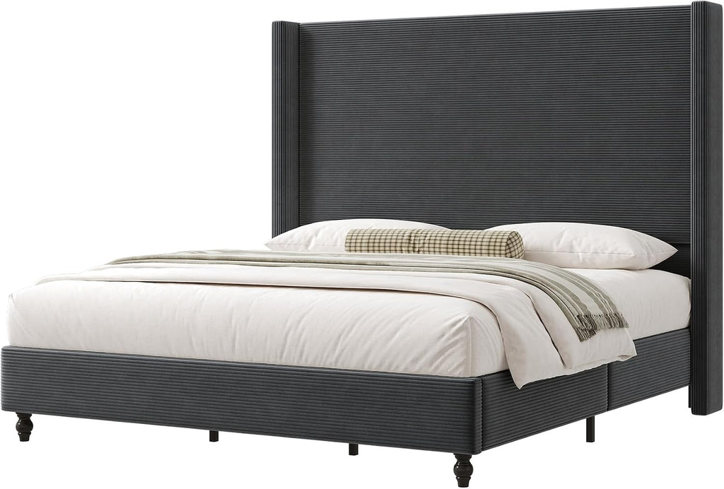 AMERLIFE King Size Bed Frame with 65' Tall Headboard, Upholstered Corduroy Bed Frame with Wingback, Platform Bed with Solid Wood Gourd Legs, Solid Slats, No Box Spring Needed, Dark Grey