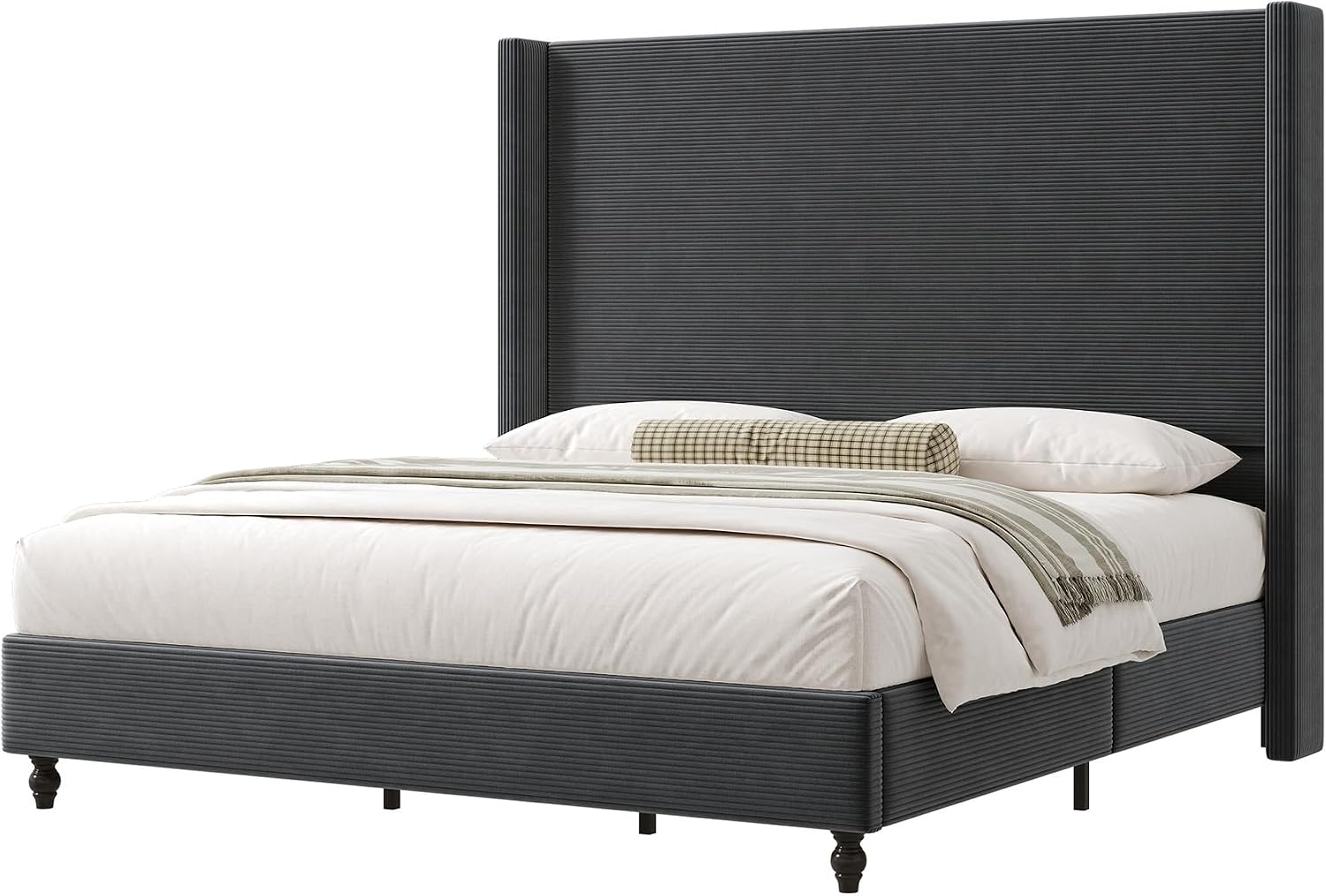 AMERLIFE King Size Bed Frame with 65' Tall Headboard, Upholstered Corduroy Bed Frame with Wingback, Platform Bed with Solid Wood Gourd Legs, Solid Slats, No Box Spring Needed, Dark Grey