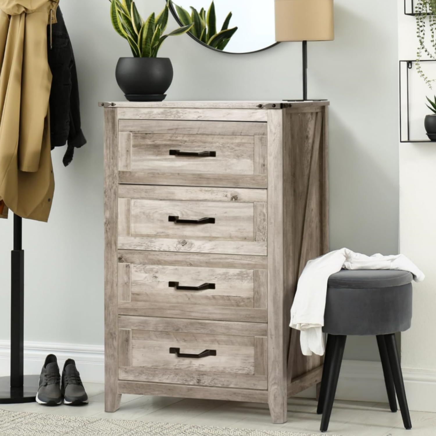NEDYO 4PCS Farmhouse Dresser Set, Dresser and Nightstand Sets, Rustic Wooden Dresser Set. Including 6 Drawer Dresser & 4 Drawer Dresser & 2 Drawer Nightstand Set of 2 with USB. Light Rustic Oak