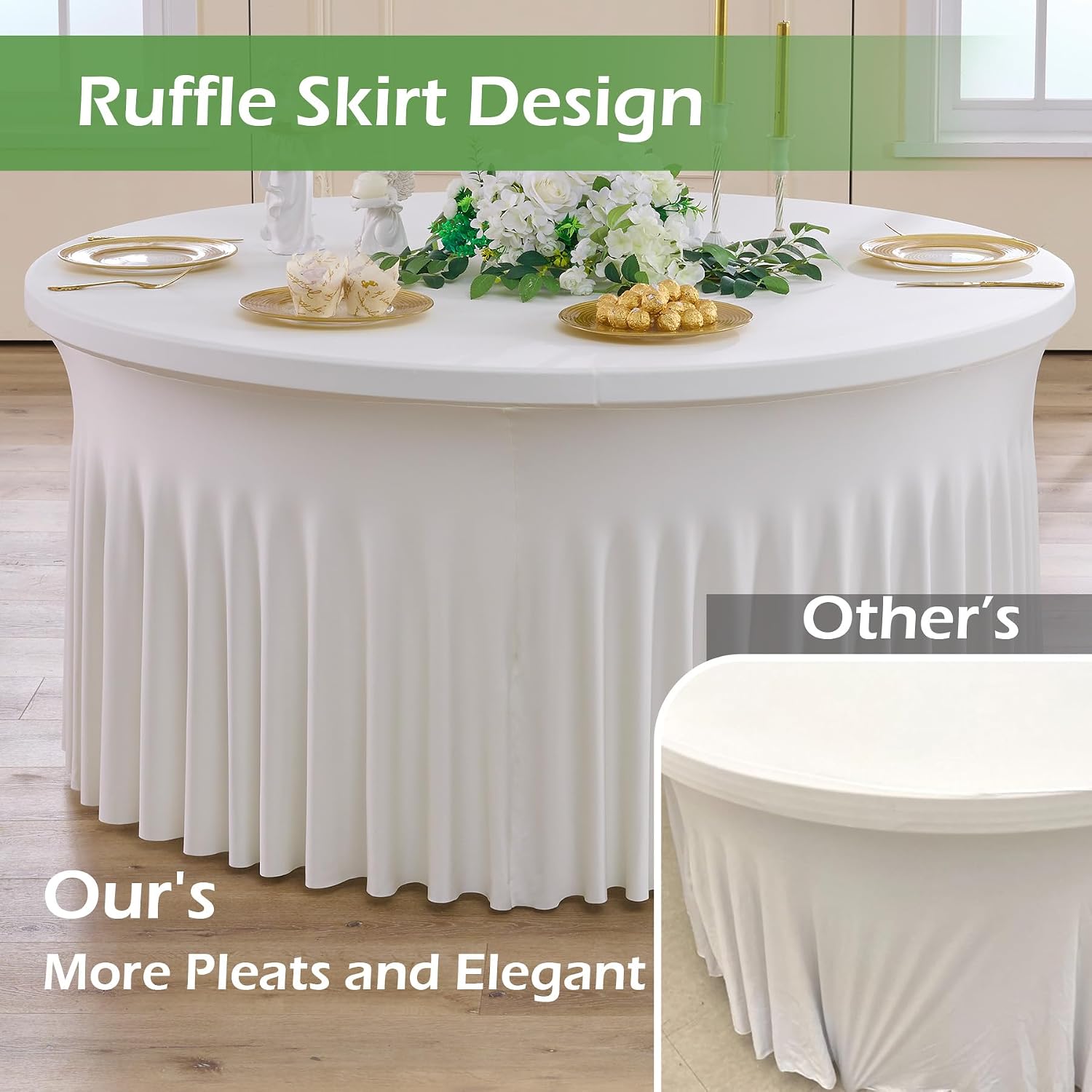 NSSONBEN 8 pk Ivory Round Spandex Tablecloths 60 inch with Ruffled Skirt,Wrinkle Free High-Stretch 120 inch Fitted 5ft Cream Table Cloth Round Spandex Table Covers for Party Wedding Banquet Dinning