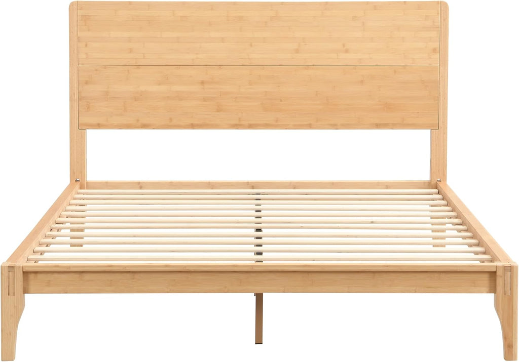 Merax Queen Size Bamboo Platform Bed, Mid-Century Modern Bed Frame with Tall Headboard, Solid Sustainable Bedframe Queen-Size, Wood Slat Support, No Box Spring Needed, Easy Assembly, Natural