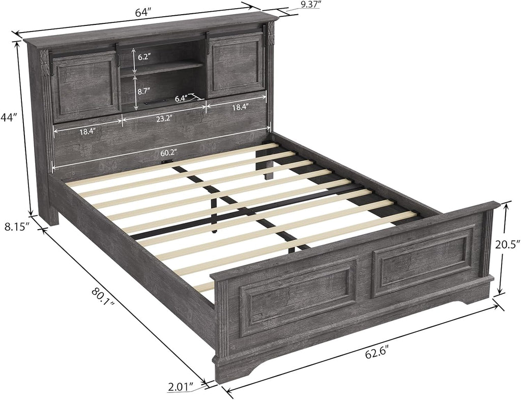 BOSHIRO Farmhouse Queen Size Bed Frame with Storage Bookcase Headboard, Wood Platform Bed Frame w/Charging Station, Bracket Footboard, 2 Large Sliding Barn Doors, No Box Spring Needed - Light Gray+