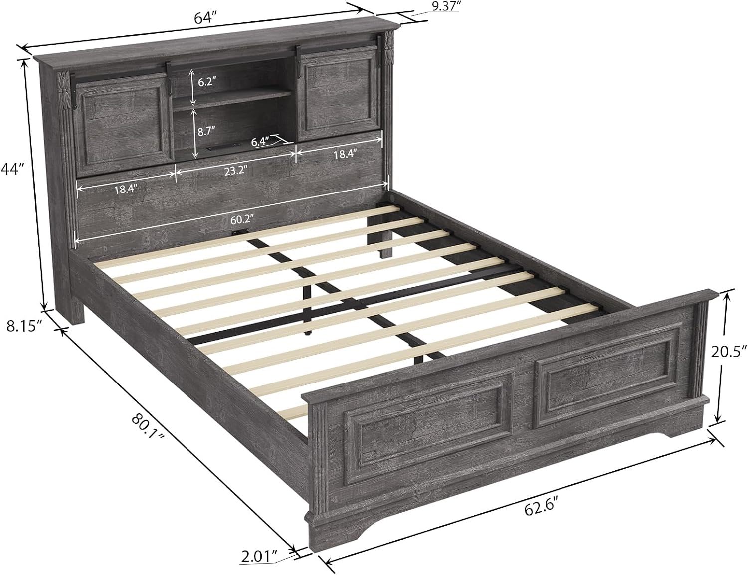 BOSHIRO Farmhouse Queen Size Bed Frame with Storage Bookcase Headboard, Wood Platform Bed Frame w/Charging Station, Bracket Footboard, 2 Large Sliding Barn Doors, No Box Spring Needed - Light Gray+