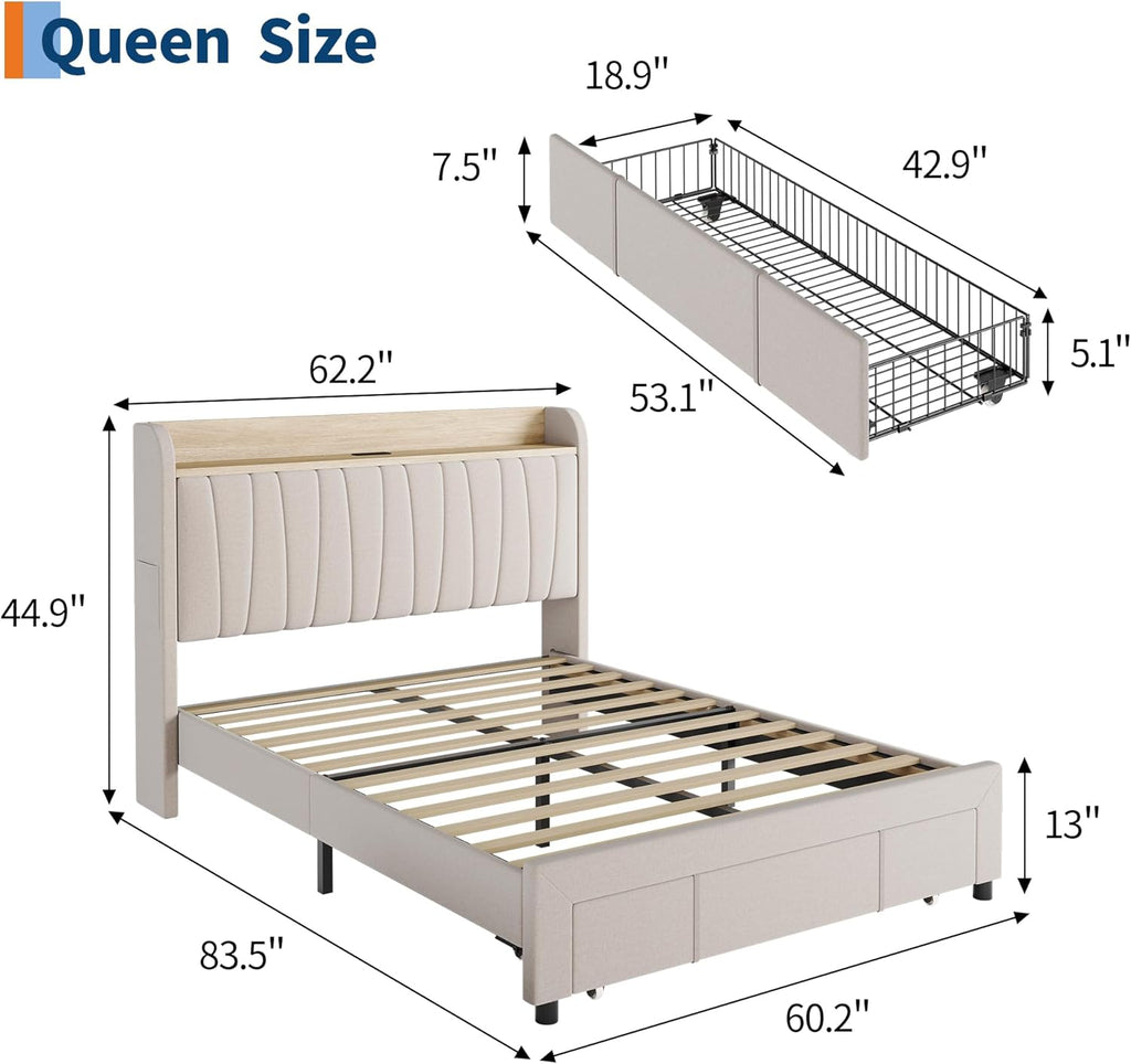GarveeHome Upholstered Bed Frame with Storage Headboard and Charging Station, Platform Bed Frame with Drawers, Heavy Duty, No Box Spring Needed, Easy Assembly, Beige, Queen Size
