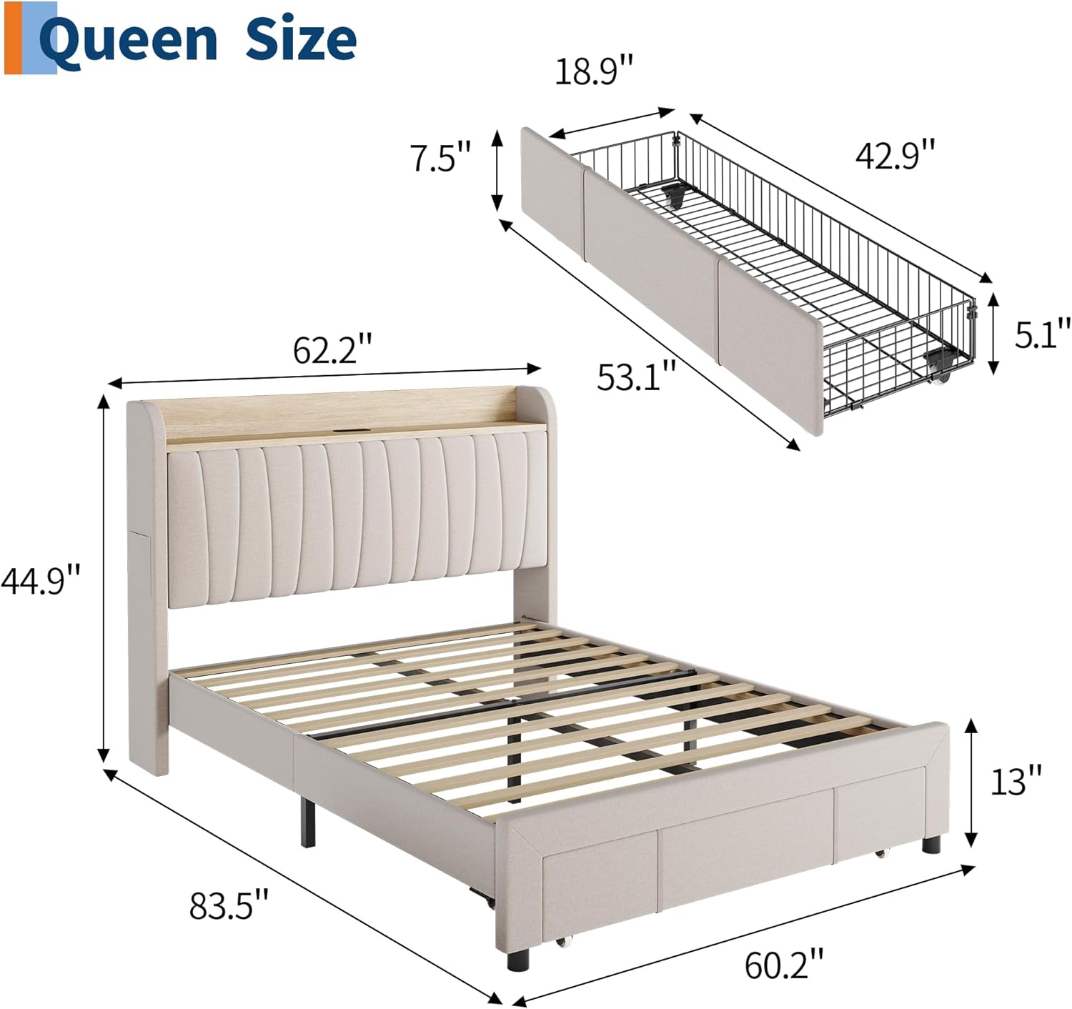 GarveeHome Upholstered Bed Frame with Storage Headboard and Charging Station, Platform Bed Frame with Drawers, Heavy Duty, No Box Spring Needed, Easy Assembly, Beige, Queen Size