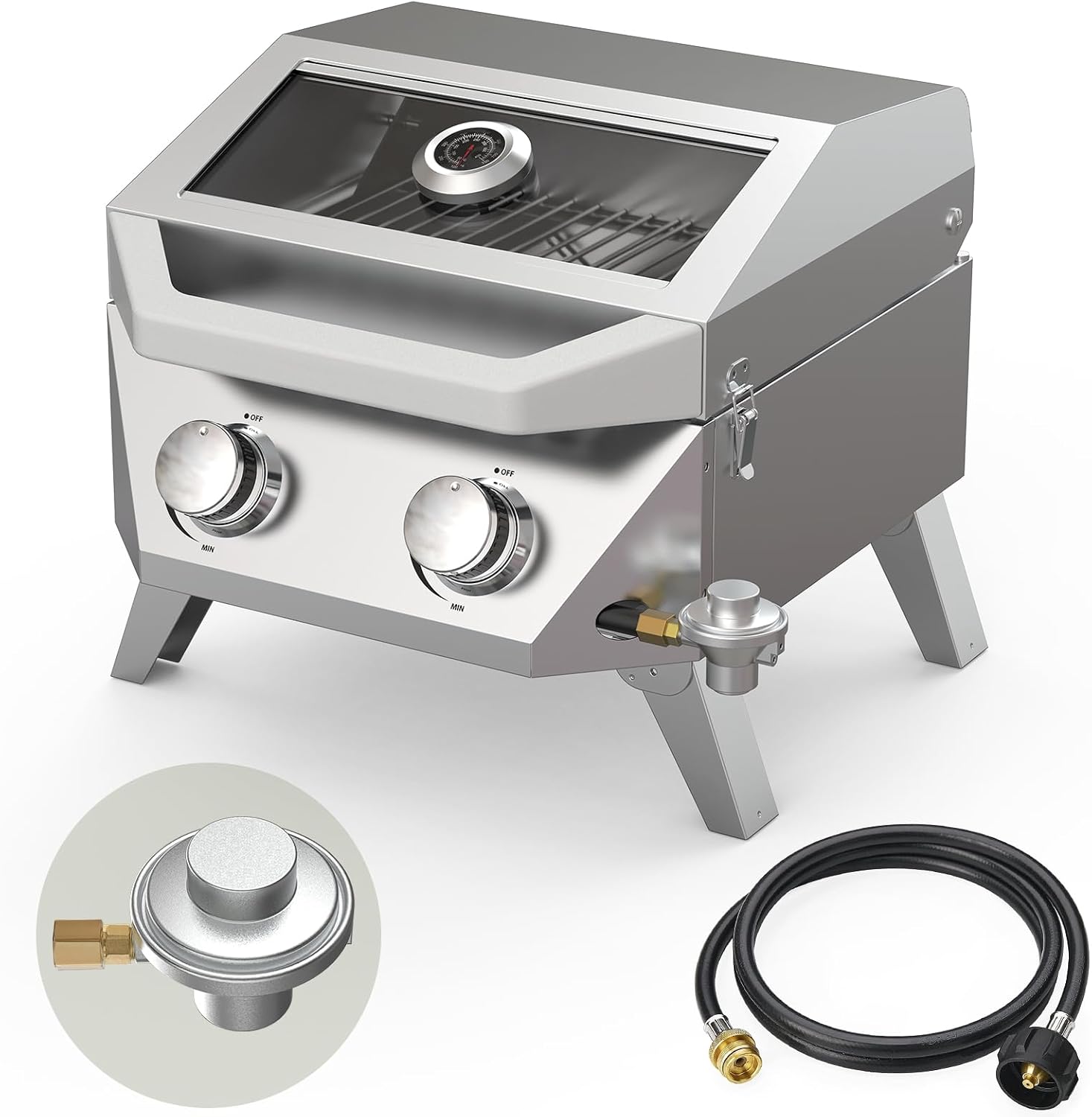 BESTFIRE 2-in-1 Portable Propane Grill, 20,000 BTU 2-Burner Tabletop Gas Grill for Camping & RV, Stainless Steel BBQ with Viewing Glass Lid, Thermometer & Dual-Gas Connection