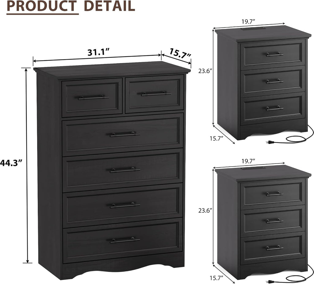 Bedroom Set, 3 Pieces Bedroom Furniture Set, 6 Drawer Dresser and 3 Drawers Nightstand with Charging Station, Farmhouse Storage Organizer Cabinet for Bedroom, Black