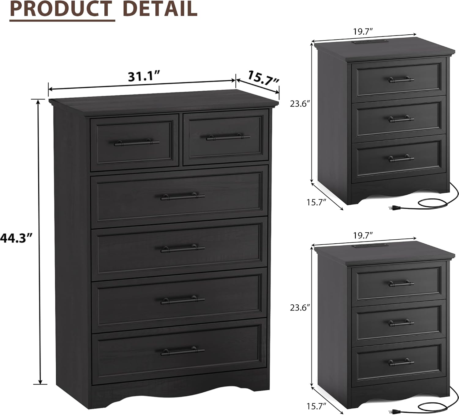 Bedroom Set, 3 Pieces Bedroom Furniture Set, 6 Drawer Dresser and 3 Drawers Nightstand with Charging Station, Farmhouse Storage Organizer Cabinet for Bedroom, Black