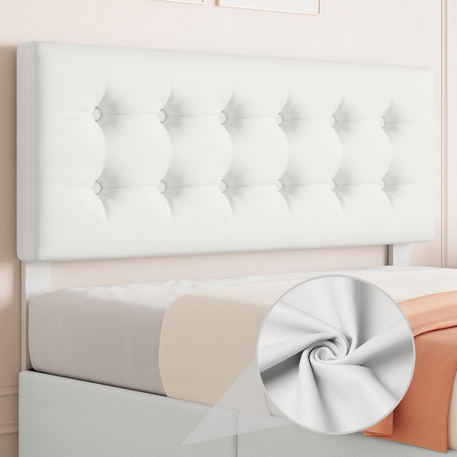 IDEALHOUSE Full Size Bed Frame with 4 Storage Drawers and Headboard, Faux Leather Upholstered Platform Bed Frame with Wooden Slats Support, Button Tufted Design, No Box Spring Needed, Beige