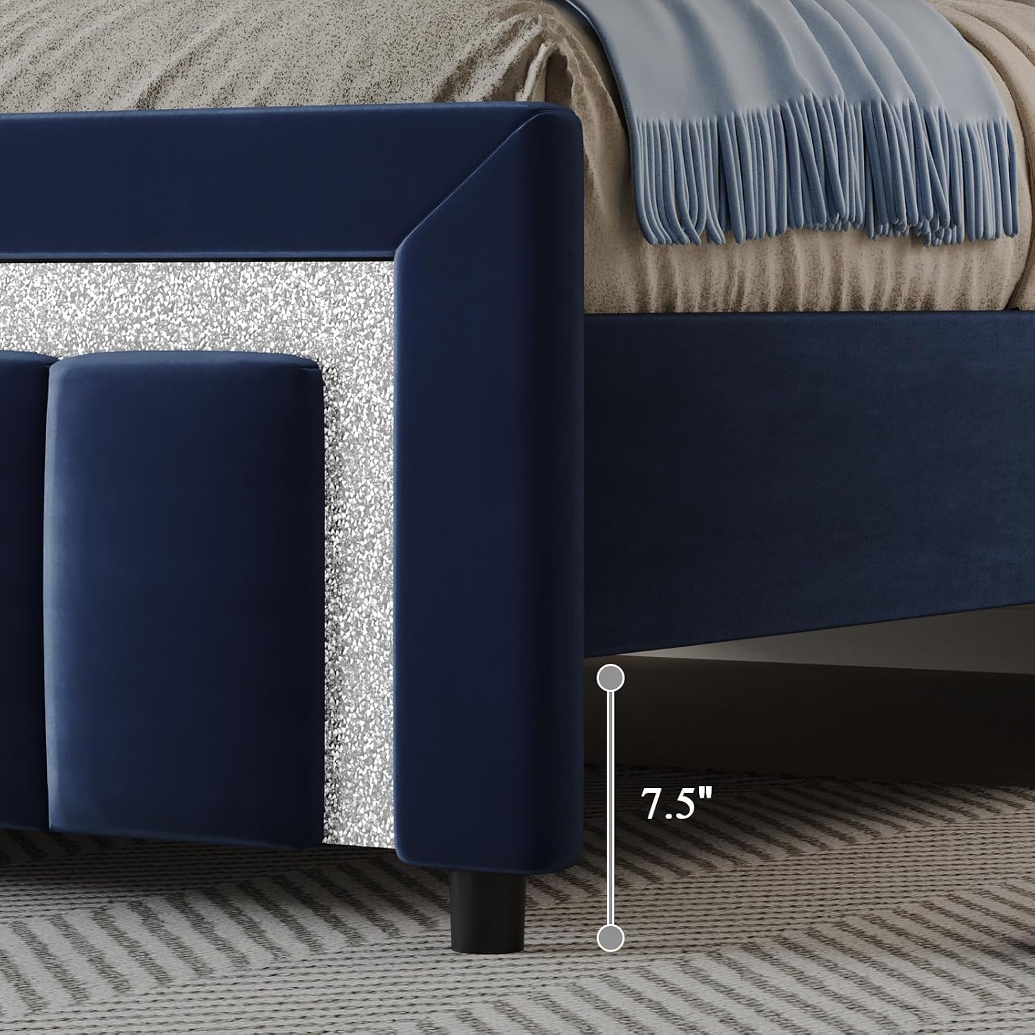 HOMBCK King Size Bed Frame with Headboard and Footboard, Upholstered Bed Frame King with Velvet Diamond Design, No Box Spring Needed, Easy Assembly, Blue