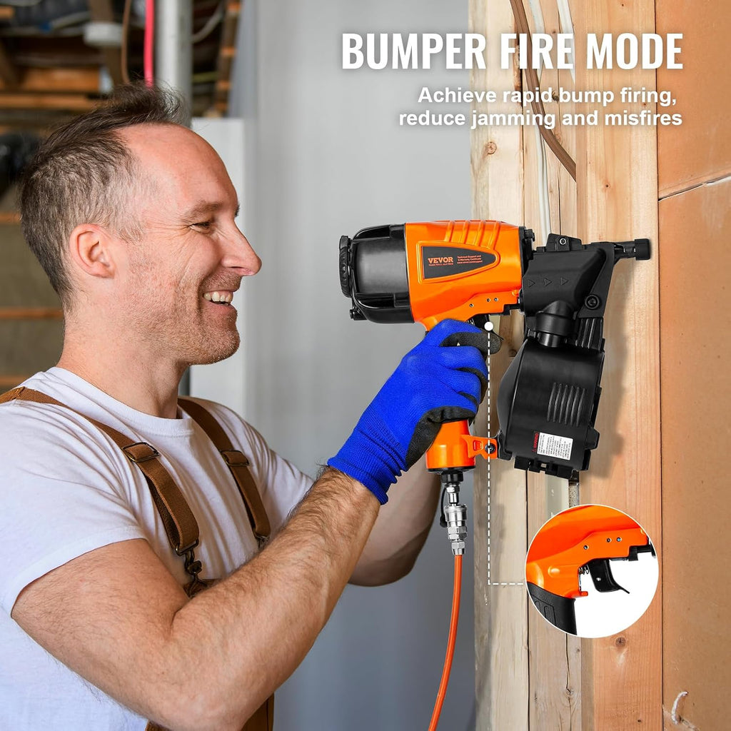 VEVOR Coil Siding Nailer CN65, 1-1/4' to 2-1/2' 15 Degree Pneumatic Siding Nail Gun with Tool-Less Depth Adjustment, 70-120PSI Air Coil Nailer for Siding, Pallet Sheathing, Wooding, Fencing, Decking