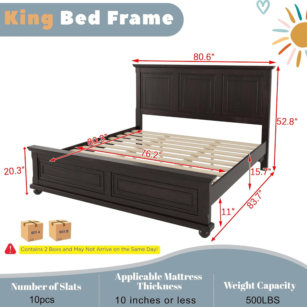 Wood Bed Frame King with Tall Headboard & Footboard, Traditional King Panel Bed with USB Charging Station for Bedroom, Guest Room, Easy Assembly, No Box Spring Required,Brown