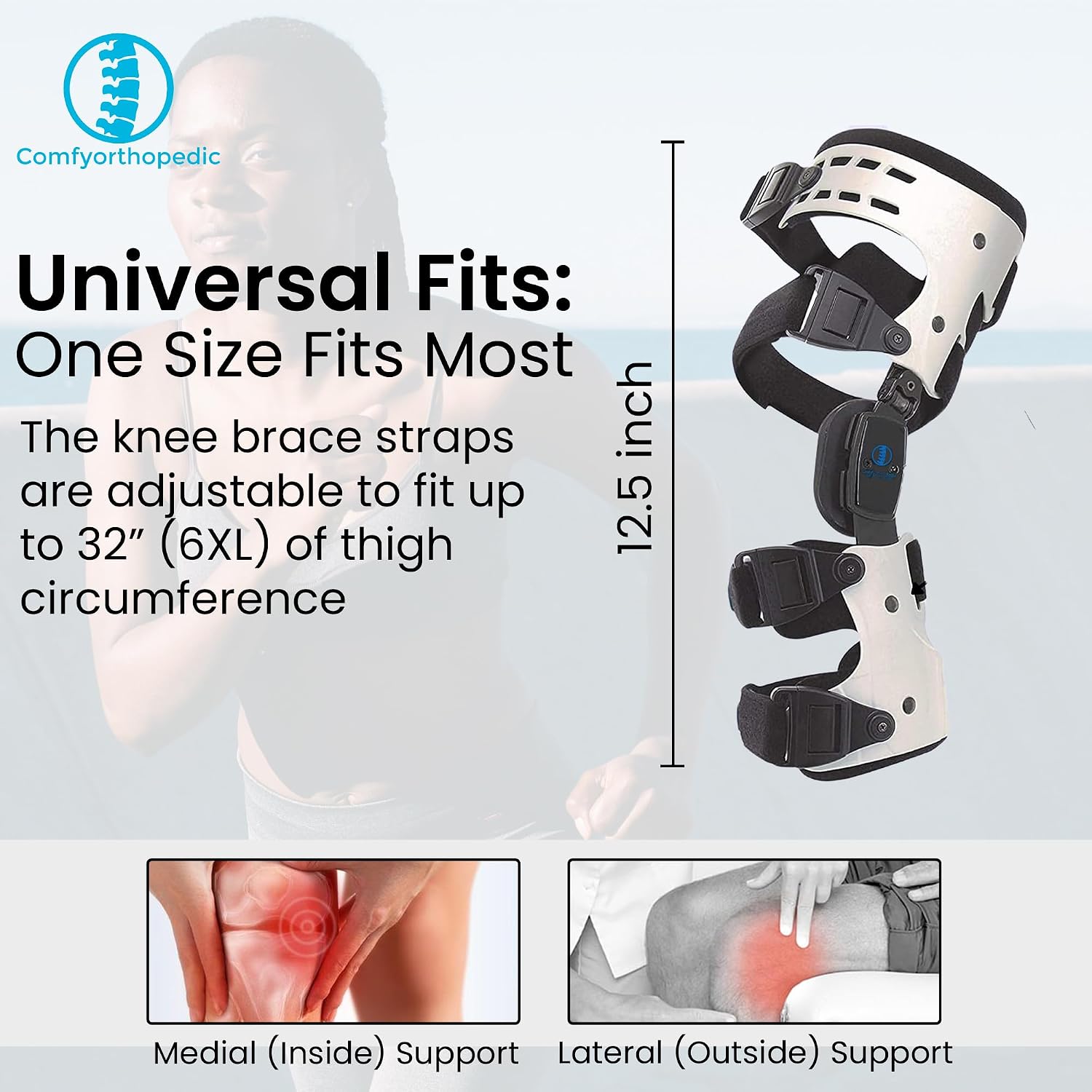 Comfyorthopedic OA Unloader Knee Brace For Medial Knee Pain, Arthritis Support, Osteoarthritis, Bone on Bone Inside Cartilage Joint Side Stabilizer L1851 L1843, Adjustable Plus Size Fits Up to 32in Thigh Circumference, Right
