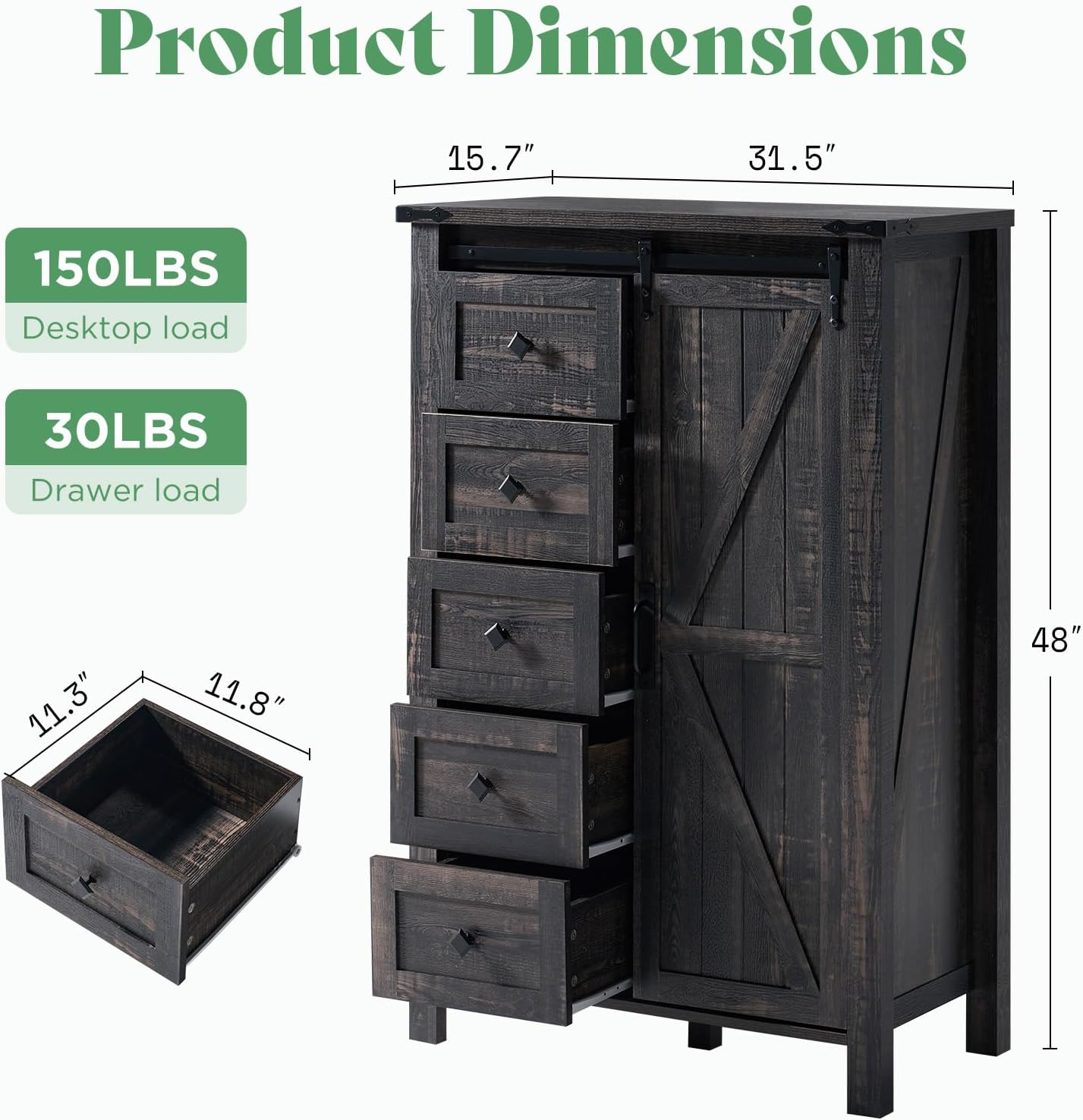 AMERLIFE 2PCS Farmhouse Dresser Set with Sliding Barn Doors, Bedroom Sets Include 47'' Dresser with 4 Drawers, 5-Drawer Tall Dresser, Black Oak