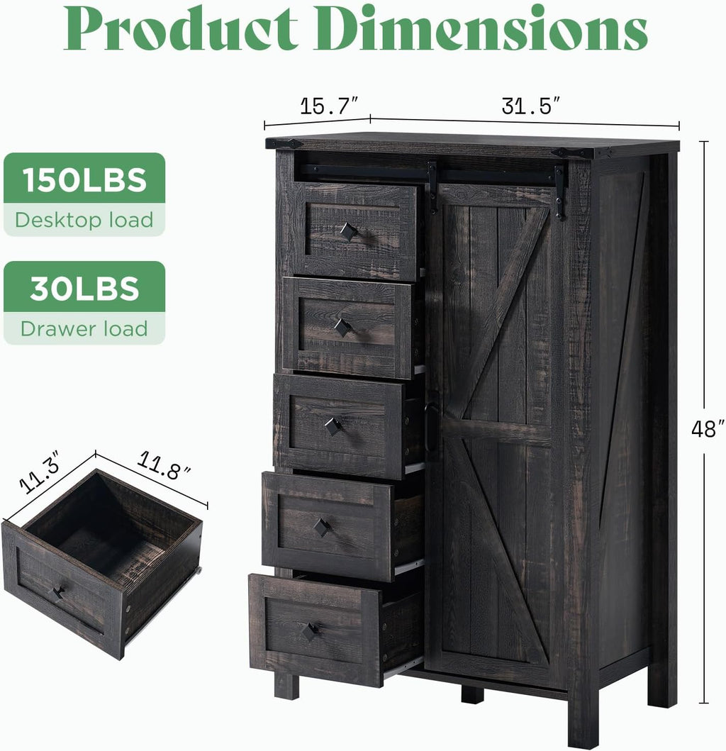 AMERLIFE 4-Piece Farmhouse Bedroom Set in Black Oak, Queen Size Bed Frame with Bookcase Headboard, 5-Drawer Tall Dresser, 47'' Dresser with 4 Drawers, 60' Dresser with 4 Drawers