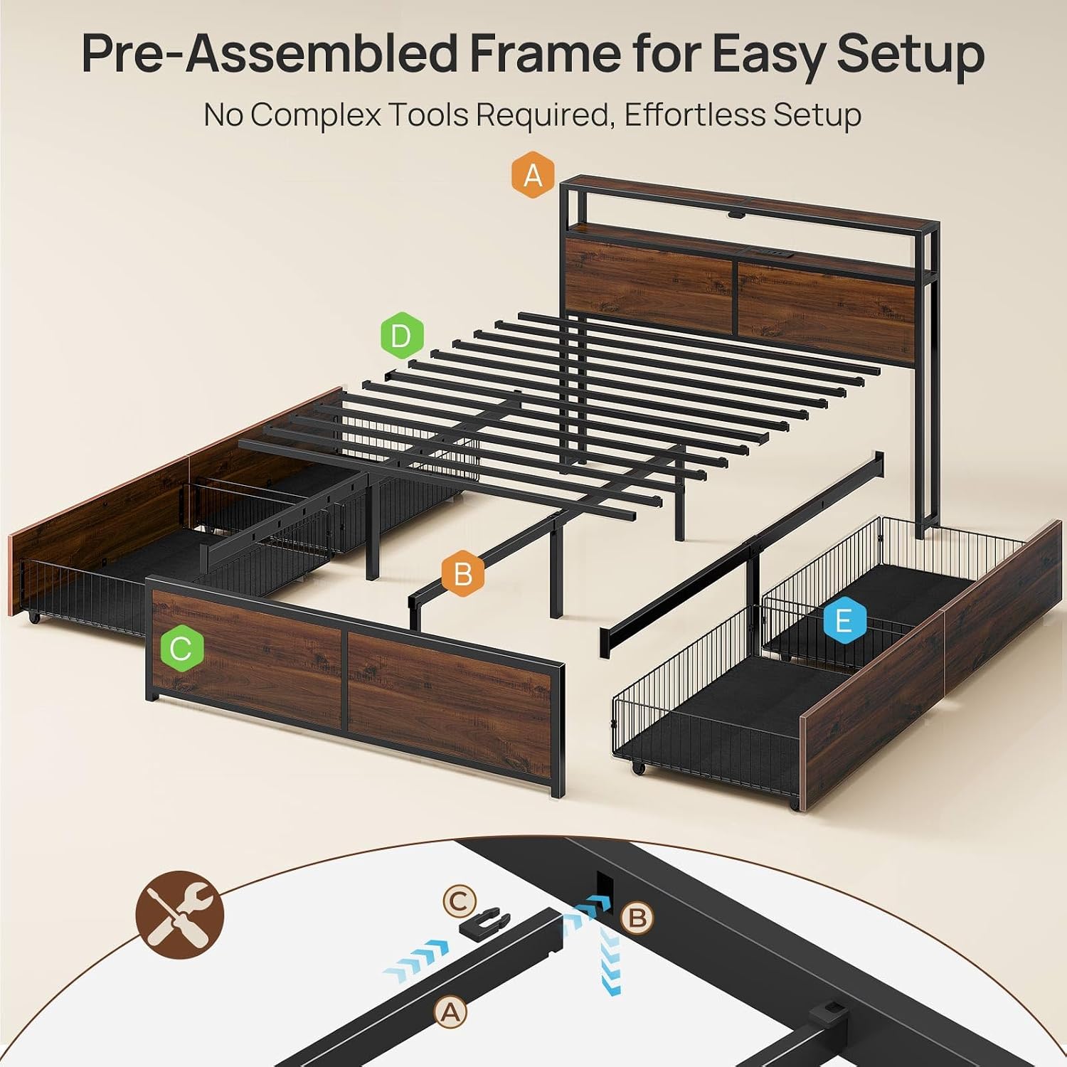 Rolanstar Queen Bed Frame with 4 Storage Drawers, Charging Station and LED Lights, Metal Platform Bed with 2-Tier Storage Headboard, No Box Spring Needed, Easy Assembly, Noise-Free, Walnut