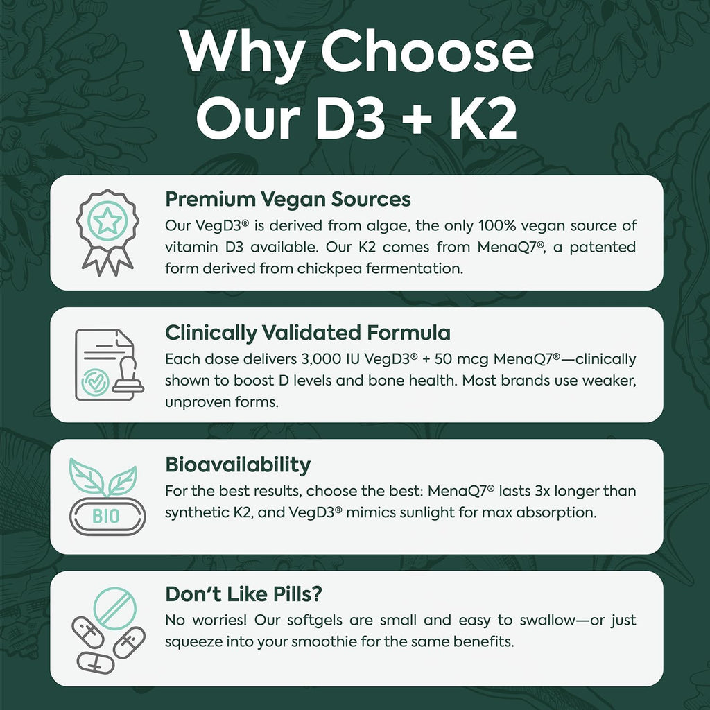 Organics Ocean Better D3 + K2-100% Organic VIT D3 and K2 Supplements with Maximum Bioavailability - Supports Bone Density, Calcium Balance, Immunity & Mood - 6-Pack, 180-Day Supply