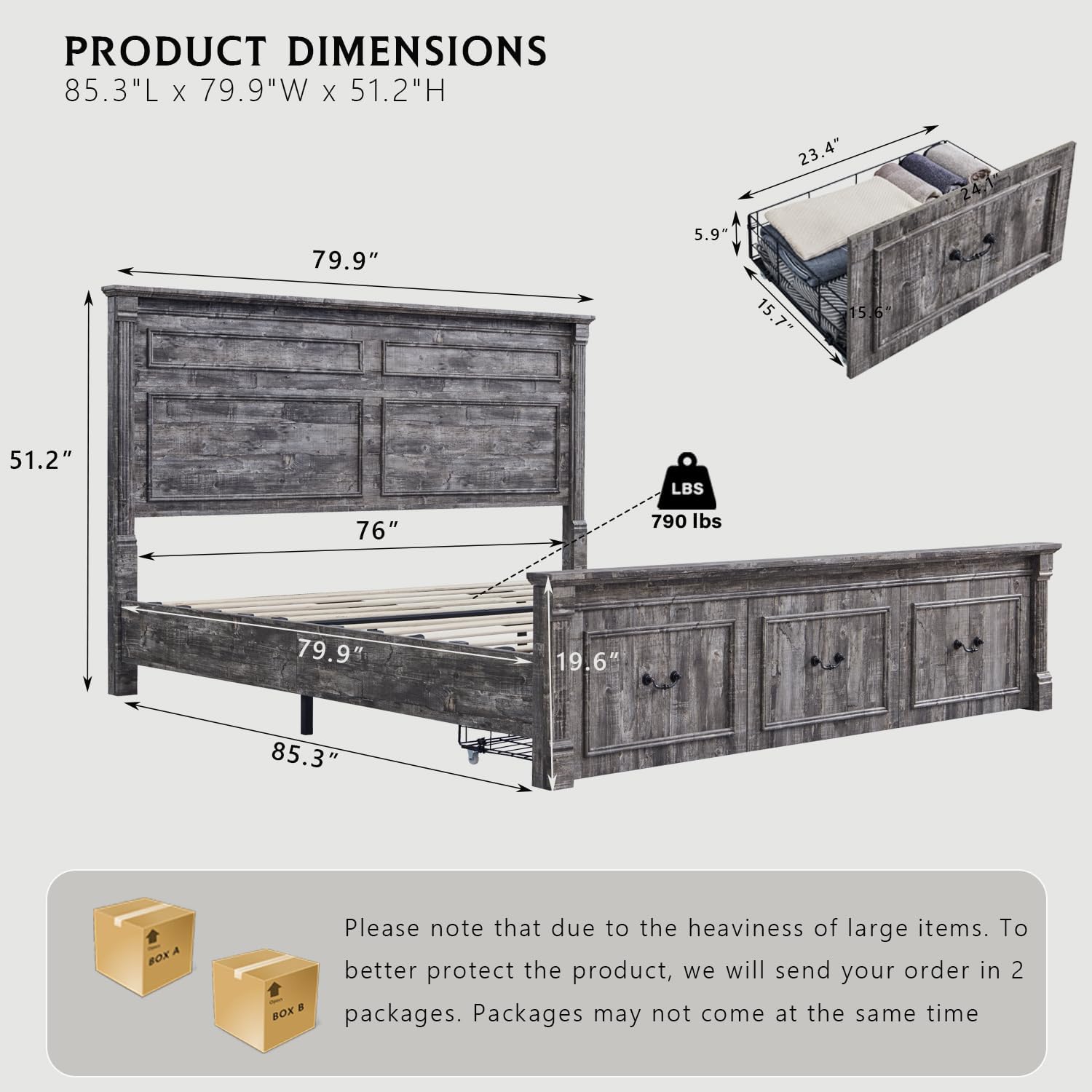 Aitjunz Farmhouse King Size Bed Frame with 51' Tall Headboard, Wood Platform Bed Frame with 20' Tall Roman Column Decoration Footboard & 3 Large Storage Drawers, No Box Spring Needed (Light Grey)