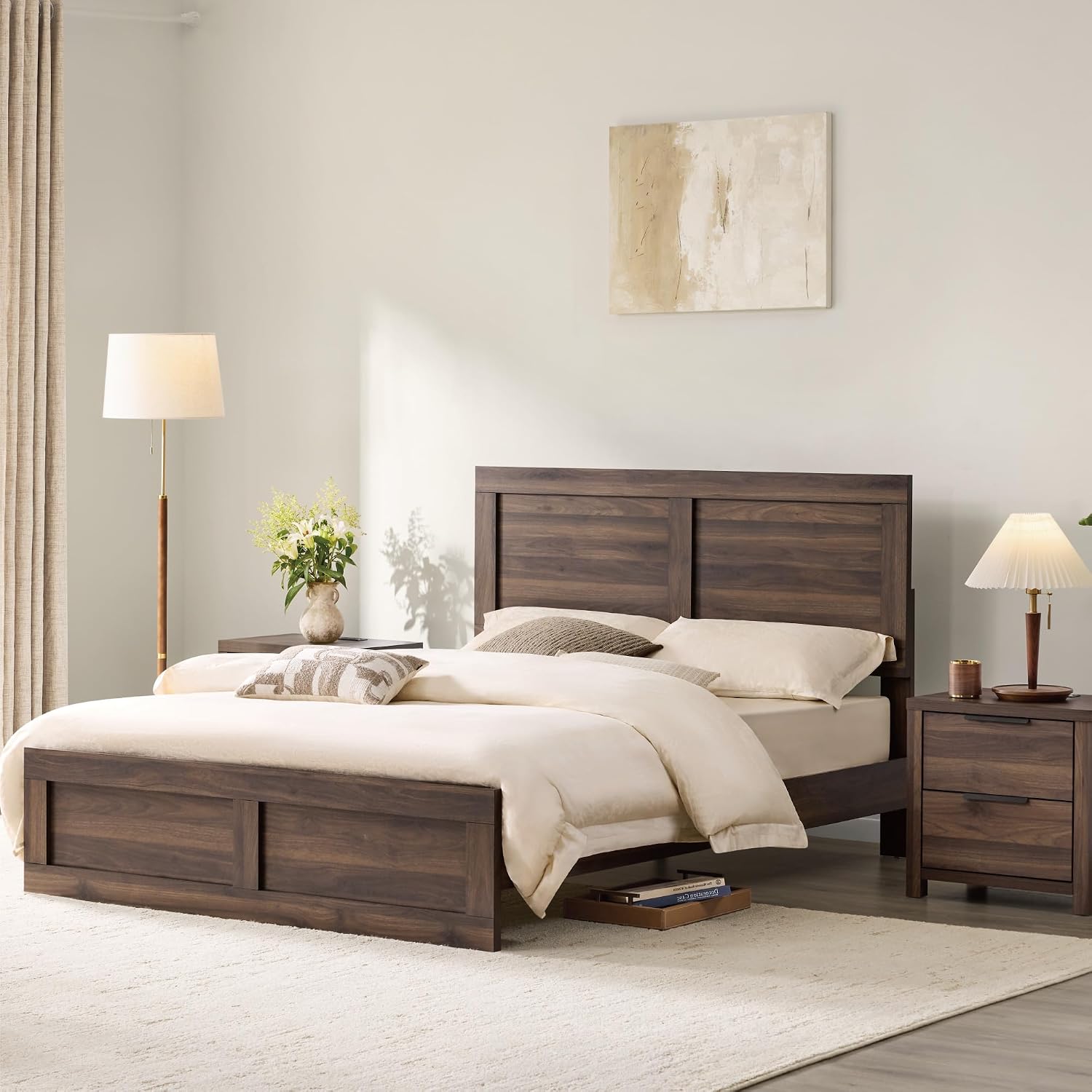 KISLOT 3 Pieces Bedroom Set, Full Size Wood Platform Bed Frame and 2 Nightstands, Storage Nightstand with Type-C Charging Port, Farmhouse Bedroom Furniture Set
