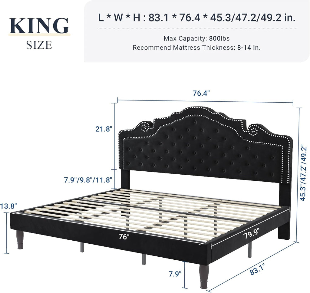 Allewie King Bed Frame with Adjustable Velvet Tiara Headboard, Upholstered Diamond Button Tufted Platform Bed, Wood Slats Support, No Box Spring Needed, Mattress Foundation, Easy Assembly, Black