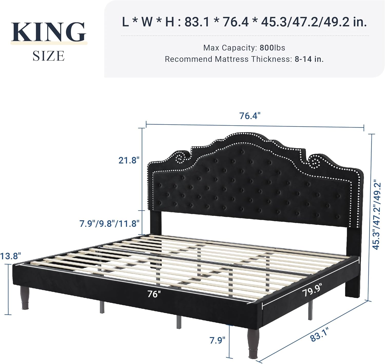Allewie King Bed Frame with Adjustable Velvet Tiara Headboard, Upholstered Diamond Button Tufted Platform Bed, Wood Slats Support, No Box Spring Needed, Mattress Foundation, Easy Assembly, Black