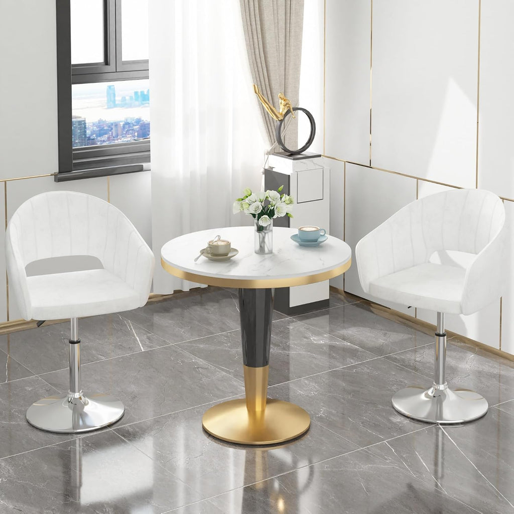 VECELO Velvet Accent Chair Set of 2, Adjustable Luxury Vanity & Dining Chair with Gold Barstool Base, 360°Swivel Upholstered Armchair for Living Room, Bedroom, Home Office, Pearl White