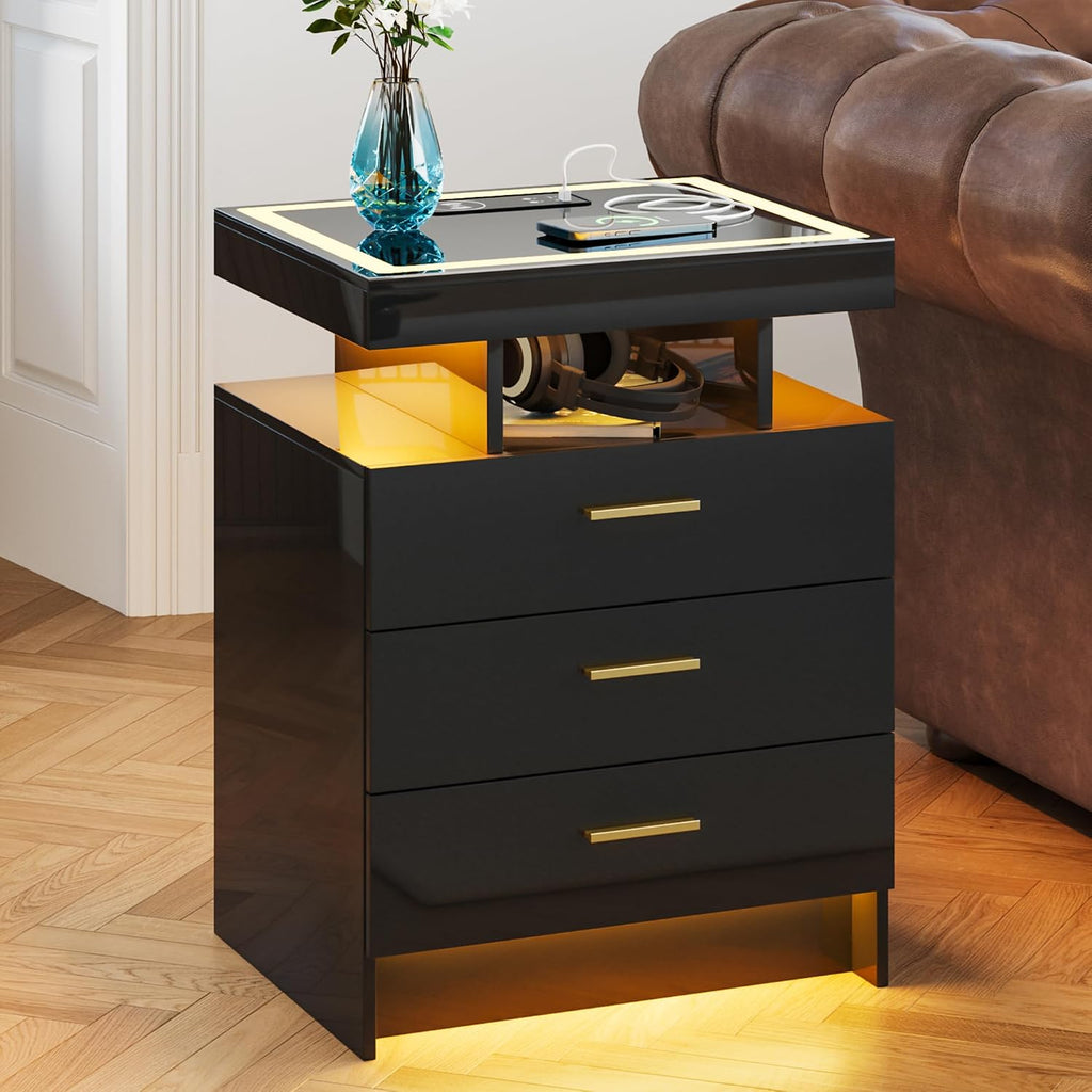 Lvifur LED Nightstand with Wireless Charging Station, Auto Sensor 3 Color Dimmable Night Stand, Modern Bedside Table with 3 Drawers & 3 Open Compartments for Bedroom, Black