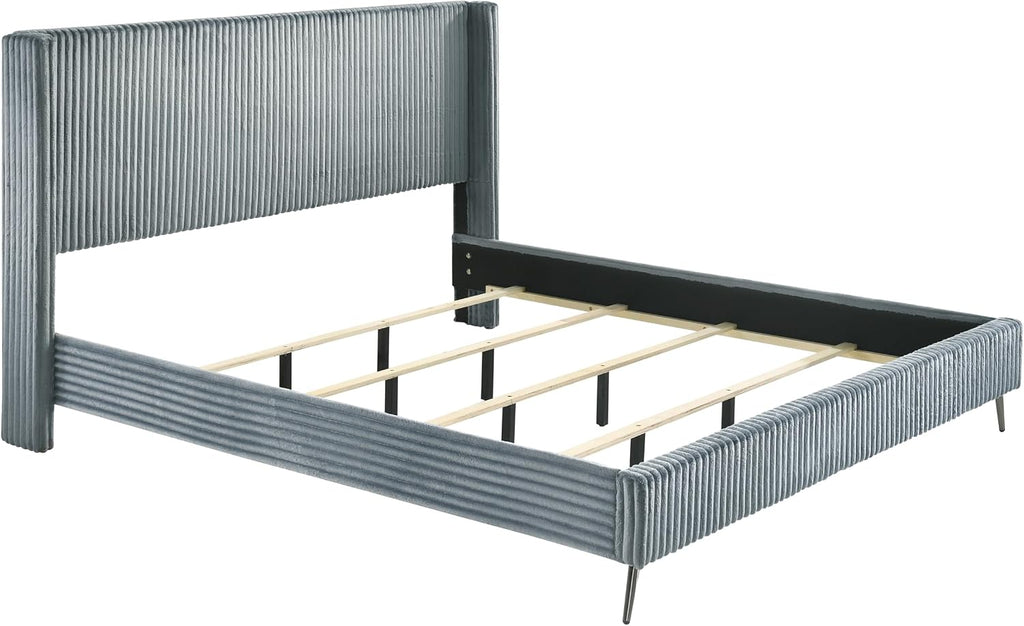 Roundhill Furniture Mavela Wide Wale Corduroy Upholstery Panel King Bed with 2 Nightstands, Blue