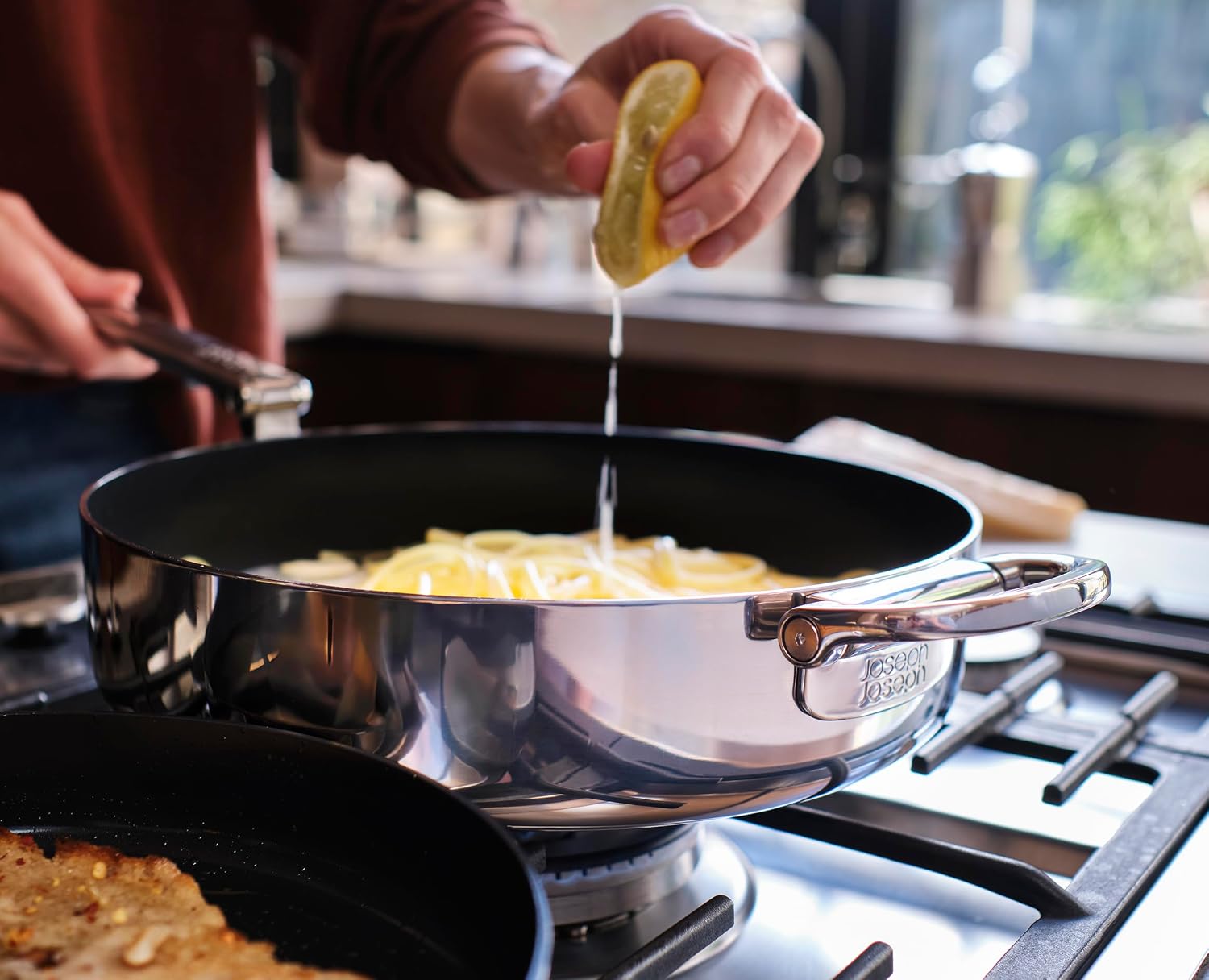Joseph Joseph Space Steel 11' Nonstick Stainless-Steel Frying Pan Skillet with Folding Handle, Ceramic Coating, Induction & Oven Safe