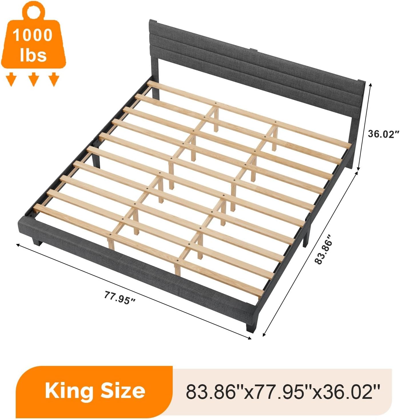 VINGLI King Size Bed Frame and Headboard,Panel Soft Bed with Linen Fabric Upholstered Padding, Low Profile Bed with Durable Wooden Slats Support, No Squeak, Dark Gray