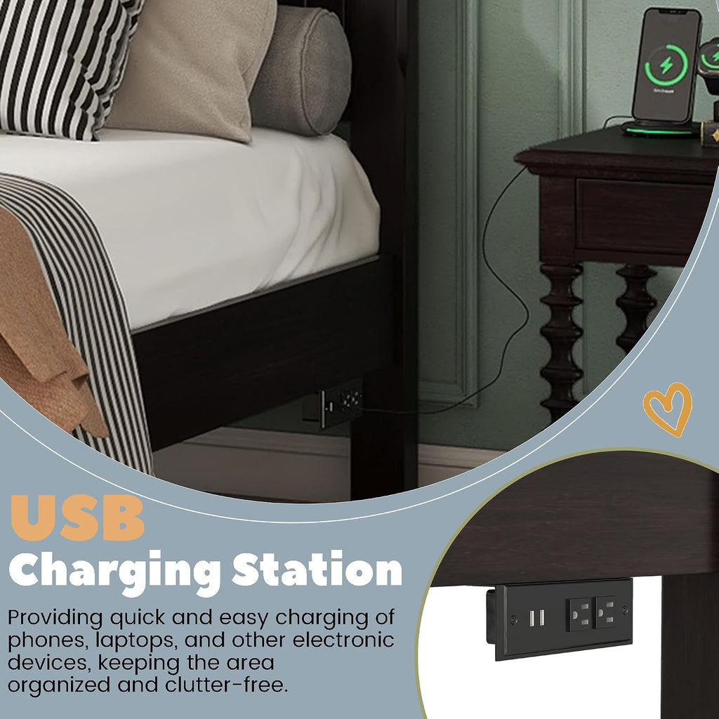 Wood Bed Frame King with Tall Headboard & Footboard, Traditional King Panel Bed with USB Charging Station for Bedroom, Guest Room, Easy Assembly, No Box Spring Required,Brown